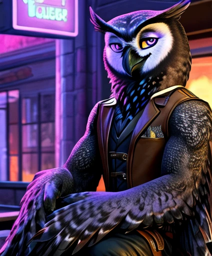 sfw,solo,male,((avian anthro furry:1.3)),(owl:1.1),(black beak), (smug), avian, realistic bird eyes, black feathers, (black body), Athletic, (lavender gold eyes), wearing sheriff suit, ((winged-arms)), ((wearing sheriff attire)), volumetric light, (sitting), (detailed sheriff station background)