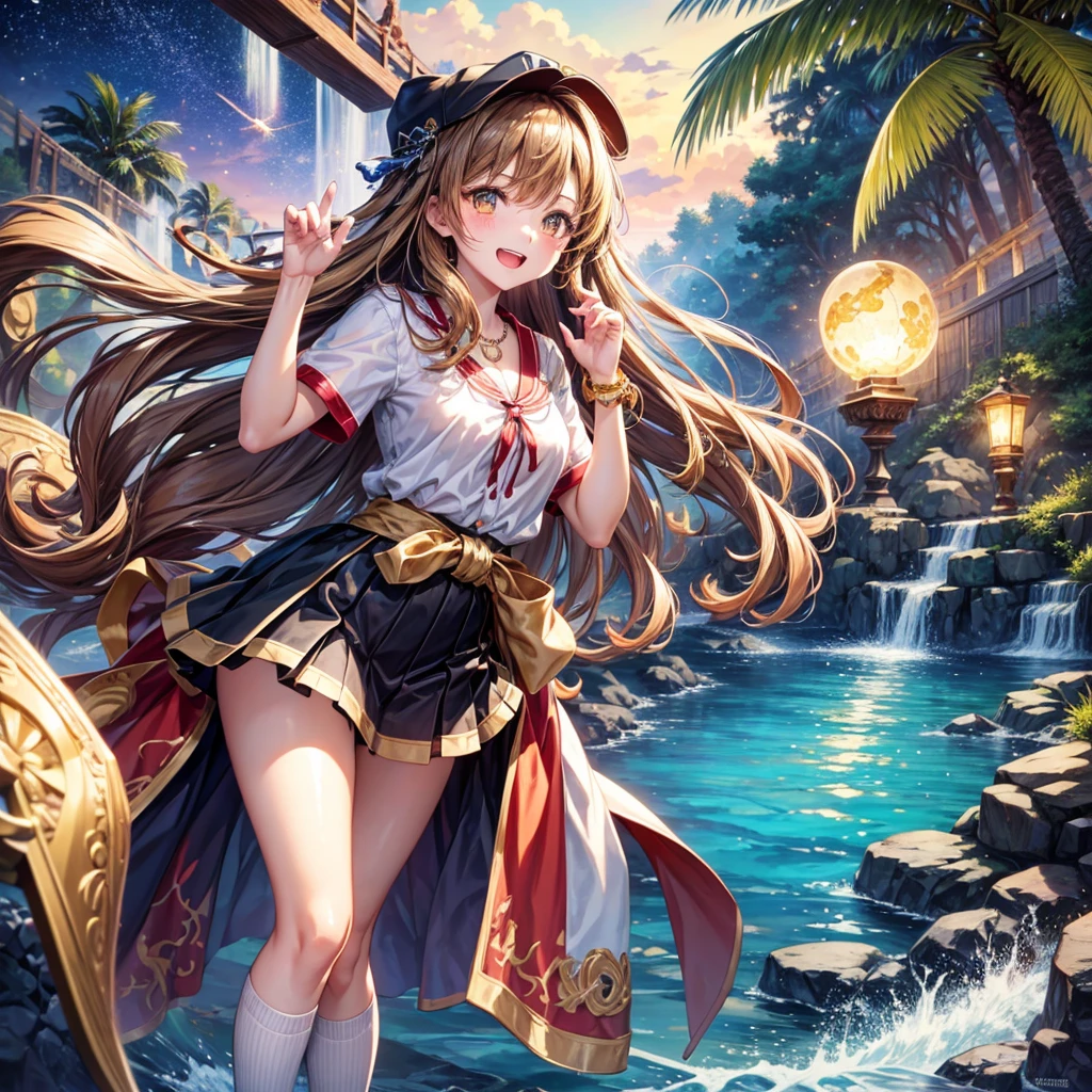 Red, brown, gold, gold hair、Golden Eyes、Hair tied up、One good looking girl、solo、anime、Checkered mini skirt、Ruffles on the skirt、Checked dress、blouse、school uniform、Black knee-high socks、Wearing a baseball cap、Ribbon、Ribbon on waist、Teeth are visible、Silver coin necklace、From above、Cobblestones、waterfall、Starry Sky、Midnight Moon、suspension bridge、Soap bubbles are flying、beam、Standing still、Eight Towers、Palm Tree、Transparent、Dragon flying、Sandy Beach、time and space