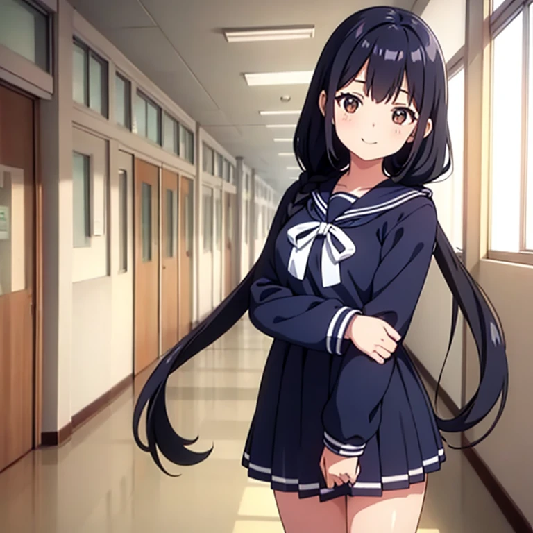 1girl, standing, gentle smile, yo, head tilt,
(low twintails), low pigtails, black hair, very long hair,
school hallway,
(low twintails girl), low pigtails, black hair, very long hair,
long sleeves, navy-blue serafuku with blue ribbon,
(brown eye),
afternoon,
from front,
anime, high brightness, detailed face, detailed eyes,
high quality, ultra detailed, masterpiece, FHD