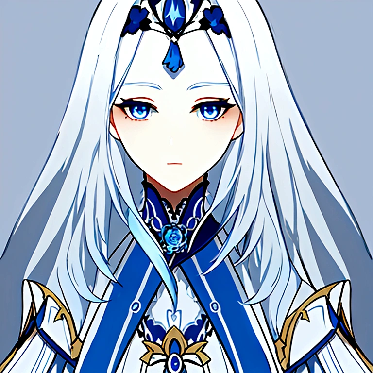 masterpiece, best quality, simple background, simple background, simple background, simple background, portrait, solo, 1girl, white hair with a blue gradient, clothes in the style of Slavic nobility, beautiful blue eyes
