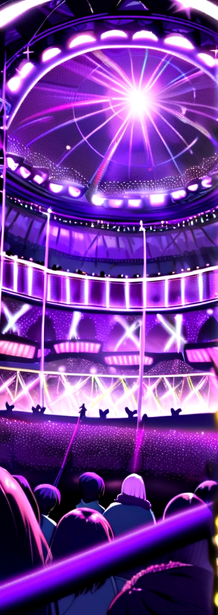 The audience with their hands in the air, kpop rock, music, concert dome, purple highlights, laser purple, soft light purple