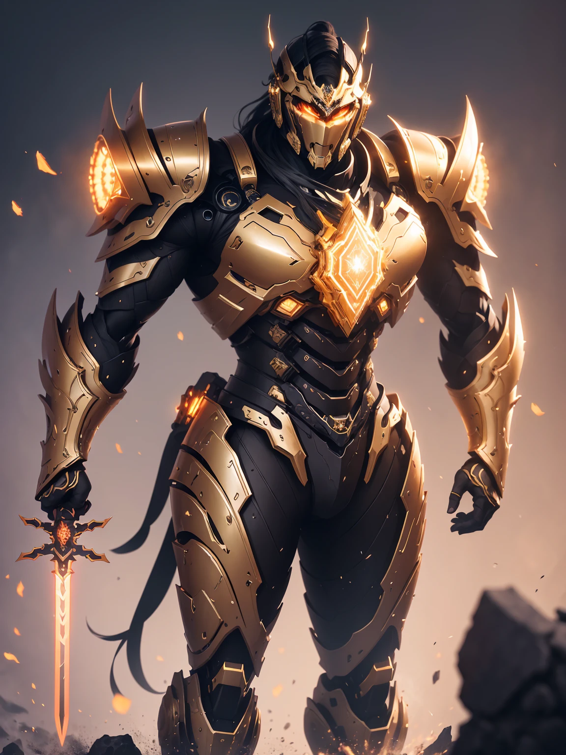 super wide shot, Full body frontal photo,Mecha male warrior, Jade Emperor style,《The mech colors are dark black and dark red》,(《Holding the Xuanyuan sword》,The sword is full of futuristic technology,),(Full body mecha), Keqing from Genshin Impact, (Masterpiece) , The best quality, High quality,Gold armor,light, (Exquisite future), Beautiful and beautiful, Ultra detailed, great composition, Floating, Depth of field, (Very detailed CG,Unity 8k Wallpaper), (Beautiful detail background), dramatic lights, GOGETTA, Mecha,best qualtiy,Ultra-high resolution,