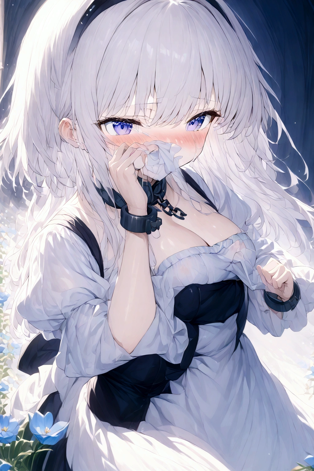 Anime. Azur Lane. Belfast. Housemaid. Slave. Slave collar. Shackles. Maid uniform. Cold. Runny nose. Nasal mucus. Snot. Sneezing. Heat. Heat. Fever. Sneeze. Sneeze standing. Sneeze snot. Snot flows from the nose. Itchy nose. Wants to fix it. I have to sneeze. She sneezed. Snot flew out of her nose. Snot flows from her nose after sneezing. Embarrassment. Blush. Handkerchief. He sneezes, covering his nose with his hand. Blows his nose. Clumsy. Virgin. Period. Standing. Full height. Full body. NSFW. Sneeze fetish. Ultra detail. 8k. Wax permit. Excellent quality.