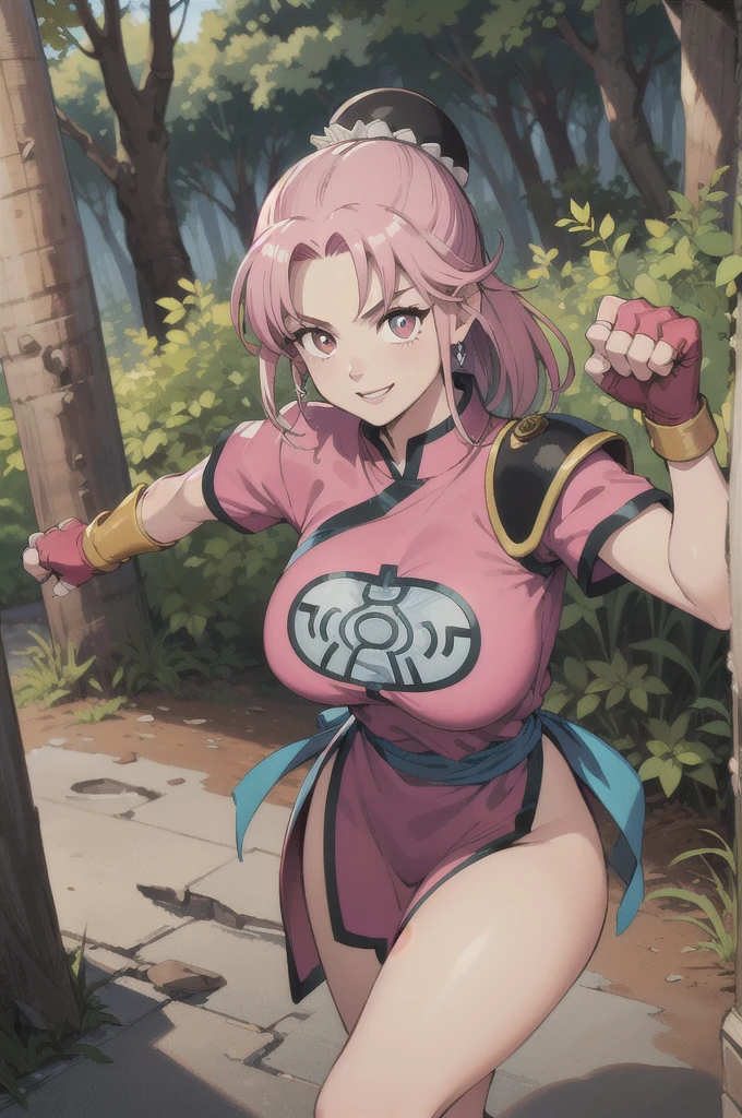 maam,big breasts,beautifuleyes,narrow waist,realistic,solo,outdoor,forest, martialMaam,pink hair,hair bun,long hair,china dress,short sleeves,sash,fingerless gloves,beautiful legs, smile, clenched fists, action pose,:1.1), lady, dragon quest