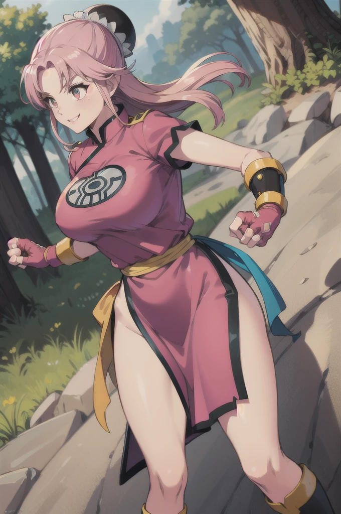 maam,big breasts,beautifuleyes,narrow waist,realistic,solo,outdoor,forest, martialMaam,pink hair,hair bun,long hair,china dress,short sleeves,sash,fingerless gloves,beautiful legs, smile, clenched fists, action pose,:1.1), lady, dragon quest