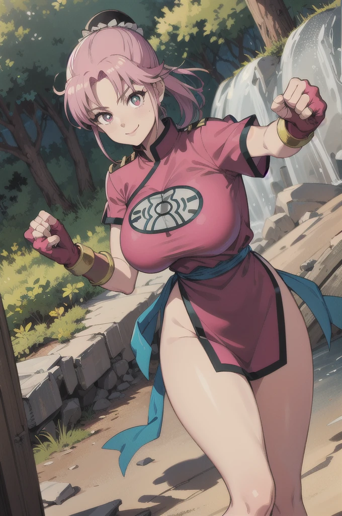 maam,big breasts,beautifuleyes,narrow waist,realistic,solo,outdoor,forest, martialMaam,pink hair,hair bun,long hair,china dress,short sleeves,sash,fingerless gloves,beautiful legs, smile, clenched fists, action pose,:1.1), lady, dragon quest