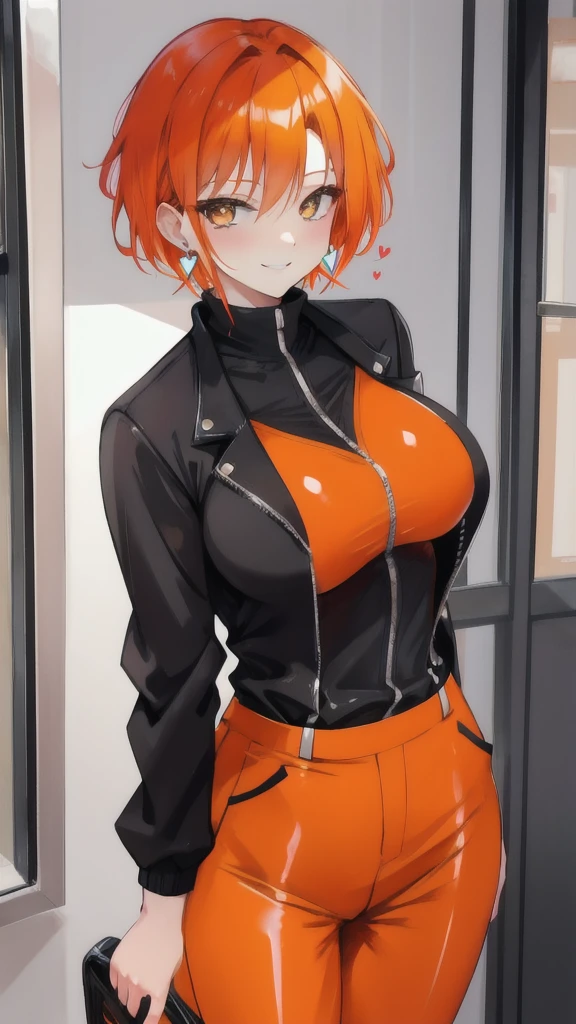 Sexy female, short orange hair, suits with paint, earrings, heart eyes, smirking, no revealing clothes