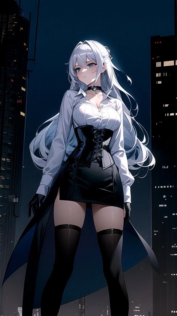 Best Quality, better resolution,  1 girl, serious expression, city background, , silver hair, choker:1.6, (long sleeve white collar buttoned shirt), (shiny black corset), black gloves covering your hands, (shiny black miniskirt), ,