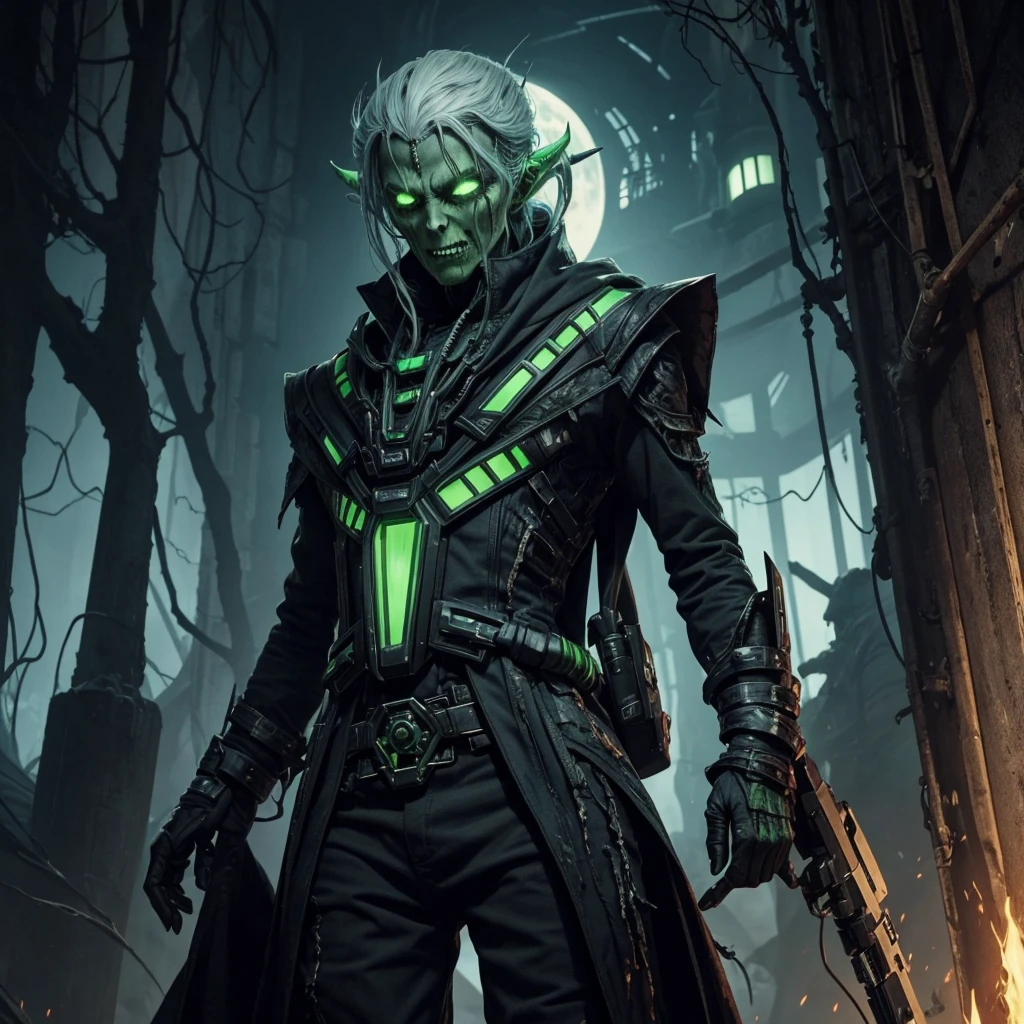 Make an alien race, as if he were a zombie, with futuristic clothes and equipment. an old and necrotic witch. your skin is green and rotten.