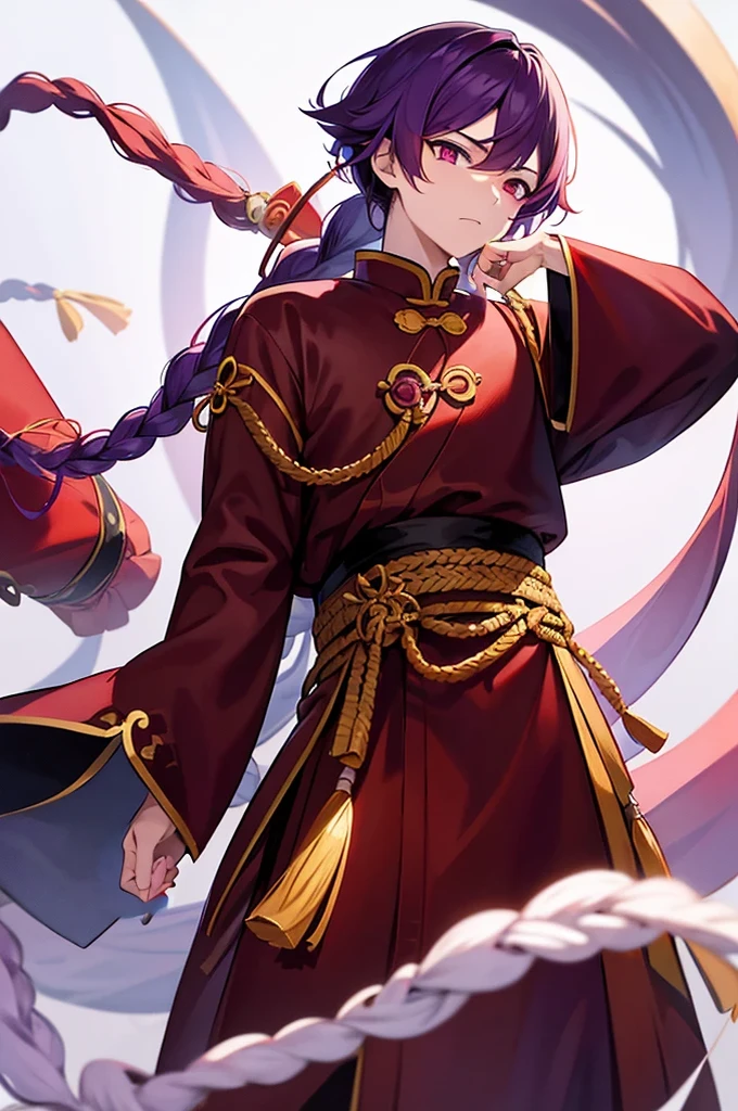 Purple Hair、Red eyes、White background、Anime characters、Knot、Braid、A man wearing Chinese clothing、Black and yellow outfit、A young man with a determined look、Man standing facing forward、Adult male