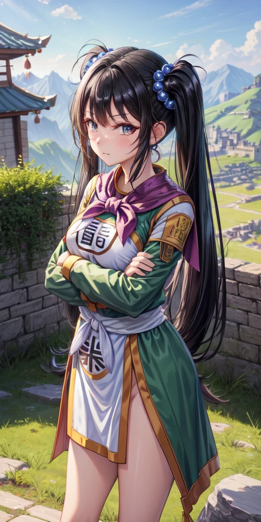 masterpiece, best quality, 4k, 8k, fighter (dq3), 1girl, solo, long hair, twintails, looking at viewer, black hair, hair ornament, long sleeves, dress, medium breasts, closed mouth, cowboy shot, black eyes, chinese clothes, hair bobbles, clenched hand, crossed arms, Feet Apart, Ancient Castle