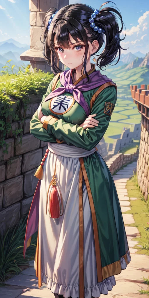 masterpiece, best quality, 4k, 8k, fighter (dq3), 1girl, solo, long hair, twintails, looking at viewer, black hair, hair ornament, long sleeves, dress, medium breasts, closed mouth, cowboy shot, black eyes, chinese clothes, hair bobbles, clenched hand, crossed arms, Feet Apart, Ancient Castle