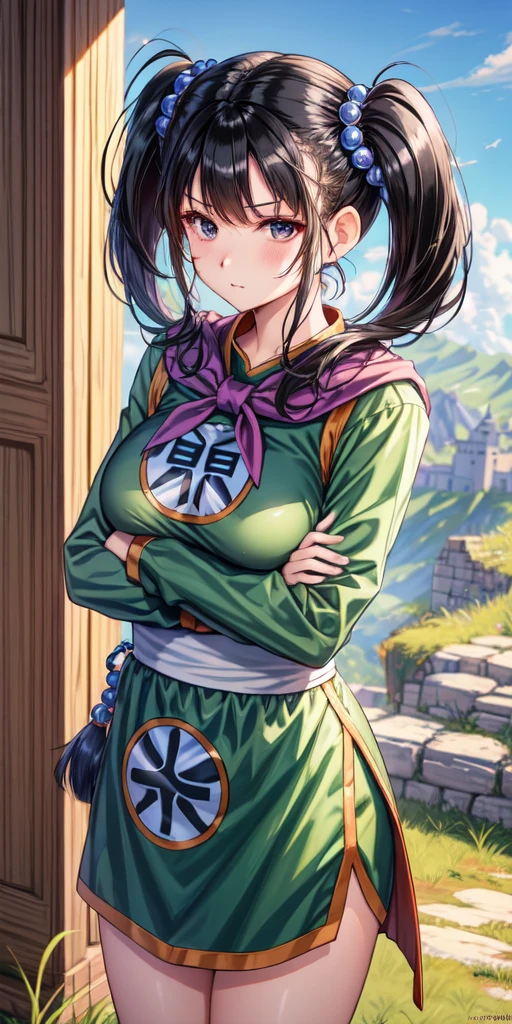 masterpiece, best quality, 4k, 8k, fighter (dq3), 1girl, solo, long hair, twintails, looking at viewer, black hair, hair ornament, long sleeves, dress, medium breasts, closed mouth, cowboy shot, black eyes, chinese clothes, hair bobbles, clenched hand, crossed arms, Feet Apart, Ancient Castle