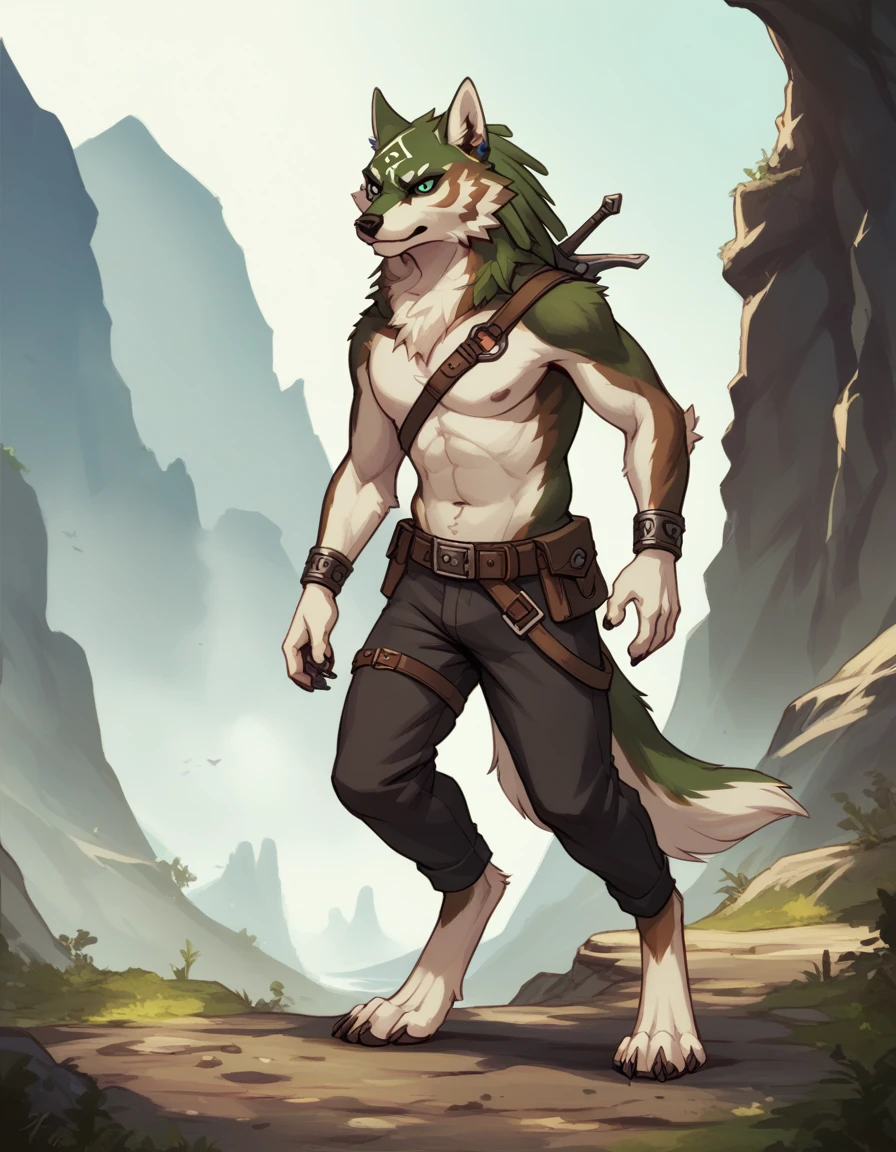 score_9, score_8_up, score_7_up, solo,
 wlflnk, animal focus, anthro, full body, furry, furry male, belt, personification, 
scenery,