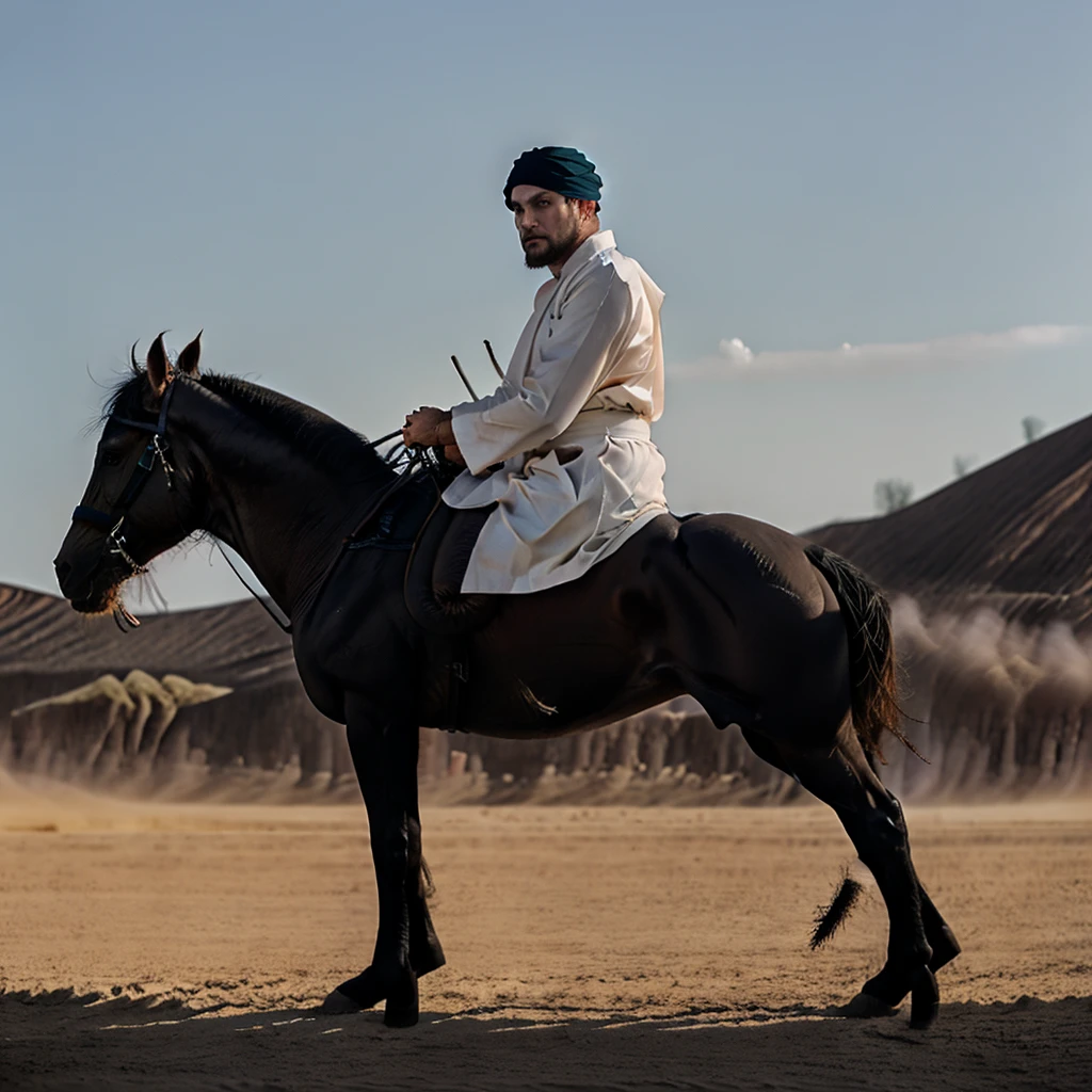 3D Handsome strong man. White turban. Wearing a long black robe. Hold the sword by riding a black horse. Full body. Wide view. Background of dessert and a thousands of soldiers. Blue sky. HD