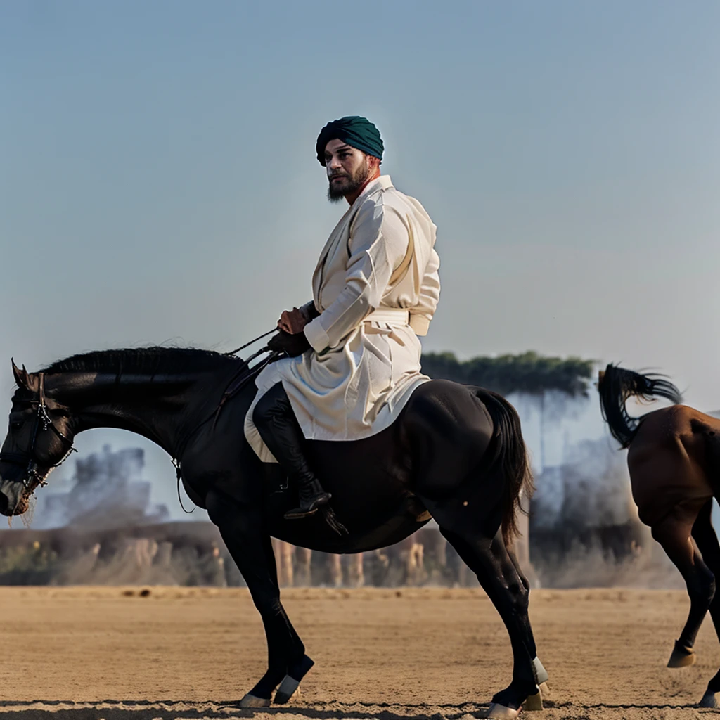 3D Handsome strong man. White turban. Wearing a long black robe. Hold the sword by riding a black horse. Full body. Wide view. Background of dessert and a thousands of soldiers. Blue sky. HD