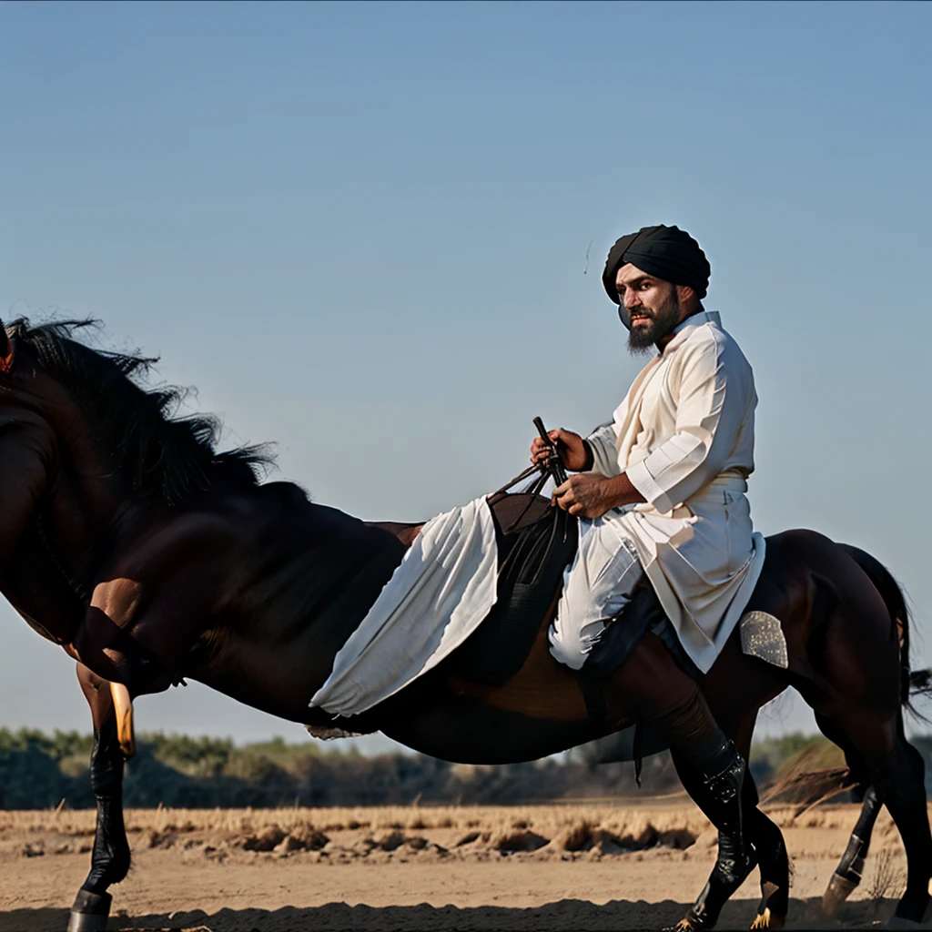 3D Handsome strong man. White turban. Wearing a long black robe. Hold the sword by riding a black horse. Full body. Wide view. Background of dessert and a thousands of soldiers. Blue sky. HD