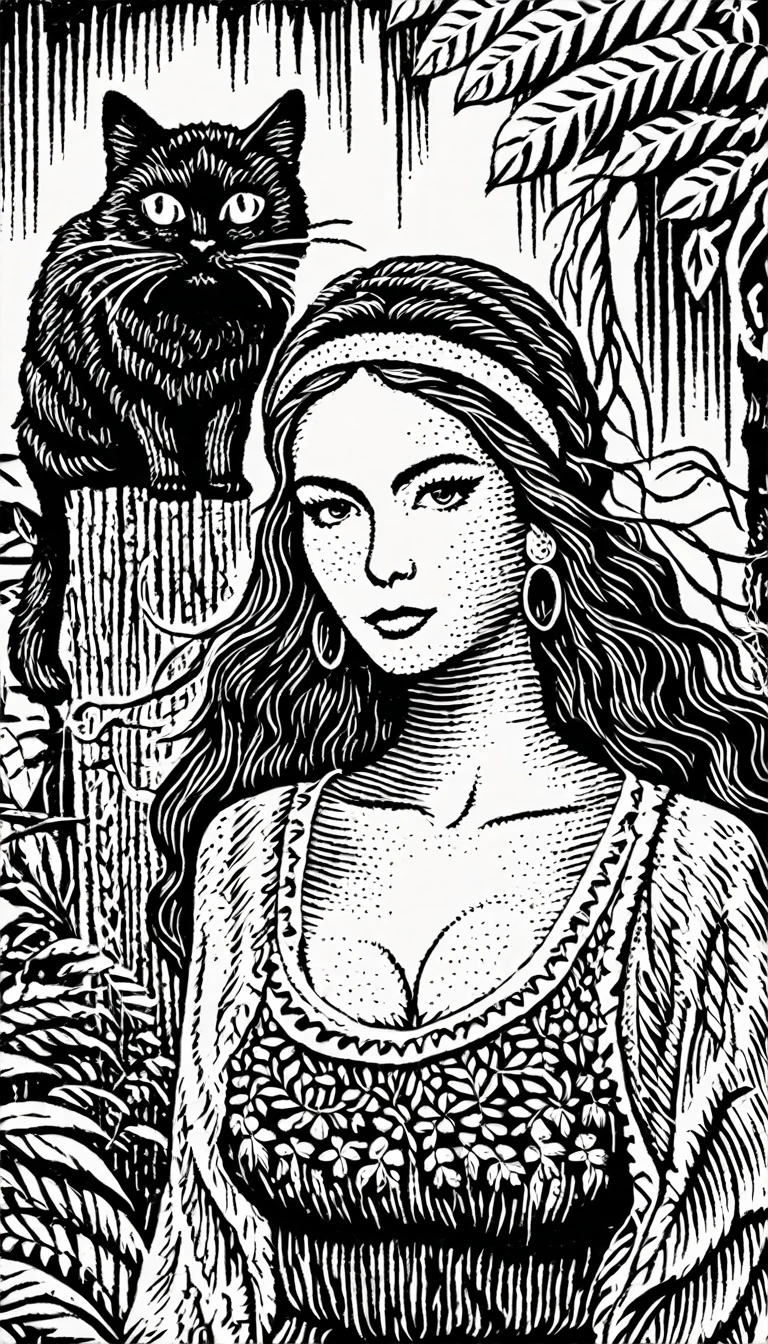 (Black and white woodcut:1.5)、(Second floor in black and white.)、foreground, dark and sinister atmosphere、front face of a hippie woman with a headband, dressed with feather earrings,  wide, with a wool blouse,  with bare shoulders, ((big breasts)), with a black cat in his arms in a lush jungle with vegetation, Mysterious、