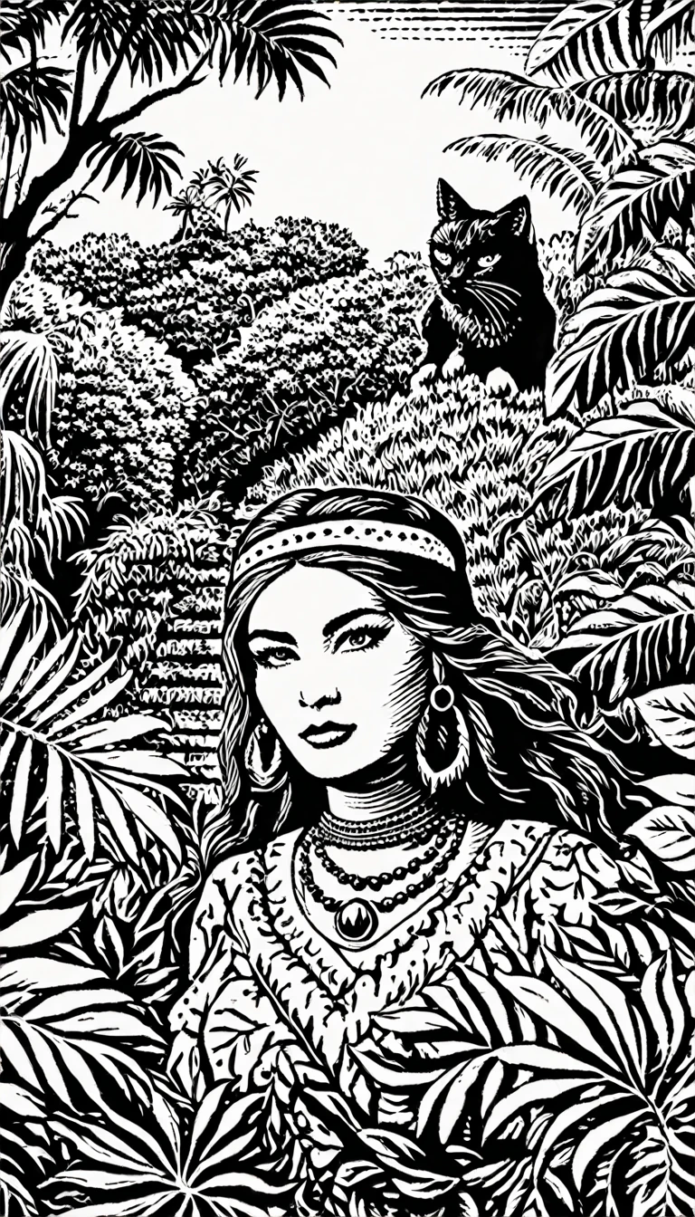 (Black and white woodcut:1.5)、(Second floor in black and white.)、foreground, dark and sinister atmosphere、front face of a hippie woman with a headband, dressed with feather earrings,  wide, with a wool blouse,  with bare shoulders, ((big breasts)), with a black cat in his arms in a lush jungle with vegetation, Mysterious、