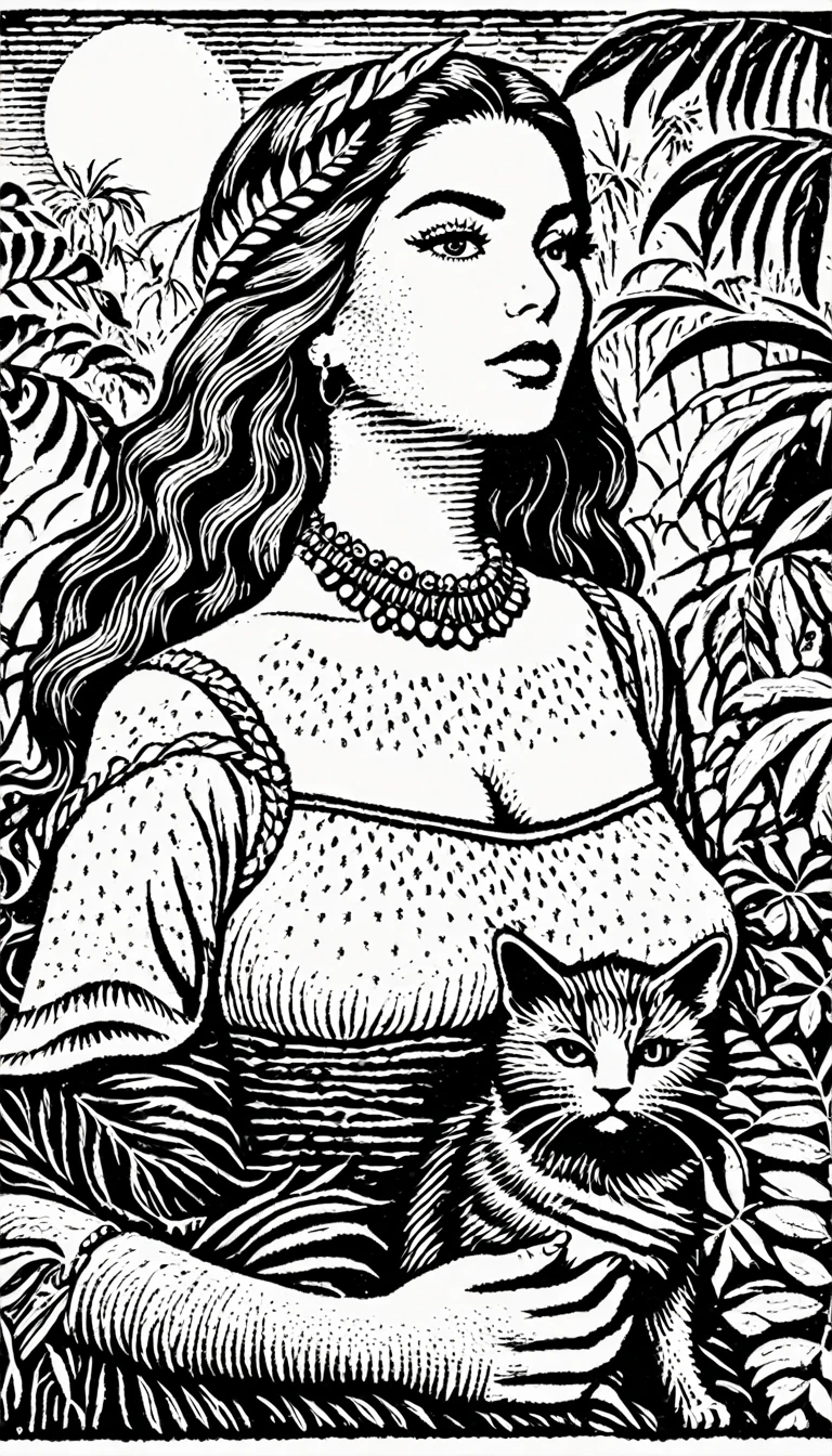 (Black and white woodcut:1.5)、(Second floor in black and white.)、foreground, dark and sinister atmosphere、front face of a hippie woman with a headband, dressed with feather earrings,  wide, with a wool blouse,  with bare shoulders, ((big breasts)), with a black cat in his arms in a lush jungle with vegetation, Mysterious、