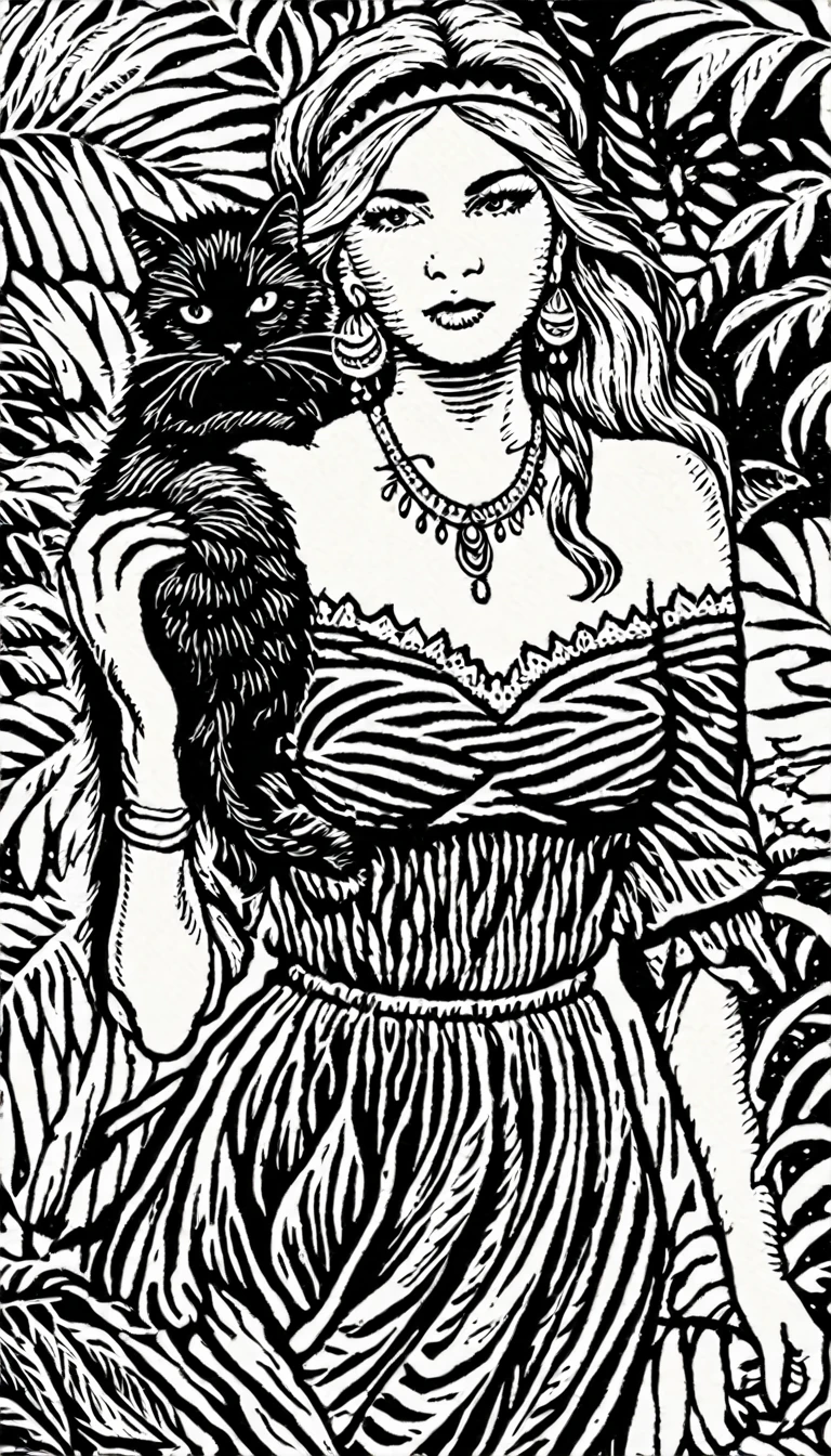 (Black and white woodcut:1.5)、(Second floor in black and white.)、foreground, dark and sinister atmosphere、front face of a hippie woman with a headband, dressed with feather earrings,  wide, with a wool blouse,  with bare shoulders, ((big breasts)), with a black cat in his arms in a lush jungle with vegetation, Mysterious、