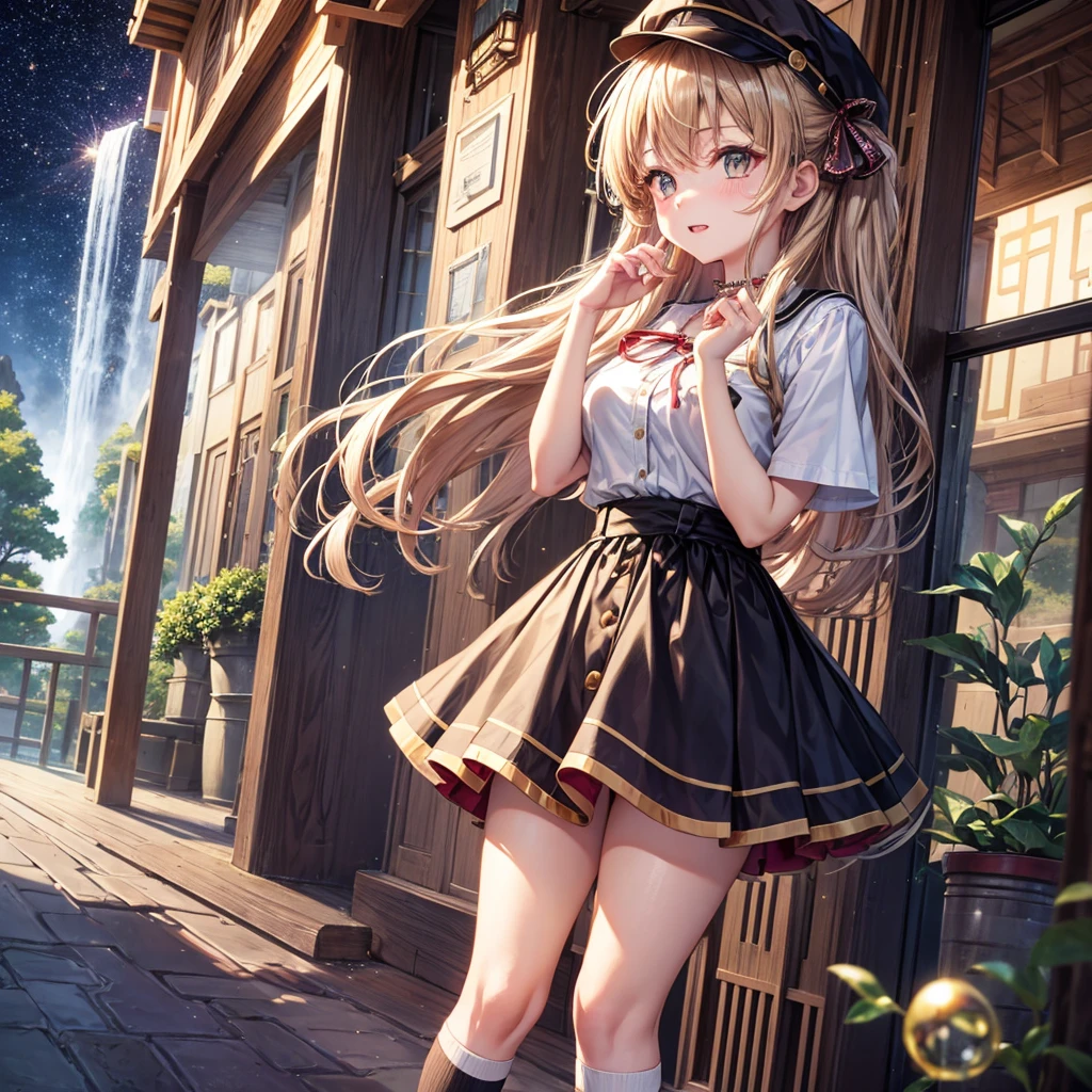 Red, brown, gold, gold hair、Golden Eyes、Hair tied up、One good looking girl、solo、anime、Checkered mini skirt、Ruffles on the skirt、Checked dress、blouse、school uniform、Black knee-high socks、Wearing a baseball cap、Ribbon、Ribbon on waist、Teeth are visible、Silver coin necklace、From above、Cobblestones、waterfall、Starry Sky、Midnight Moon、suspension bridge、Soap bubbles are flying、beam、Standing still、Eight Towers、Palm Tree、Transparent、Dragon flying、Sandy Beach、time and space、goddess