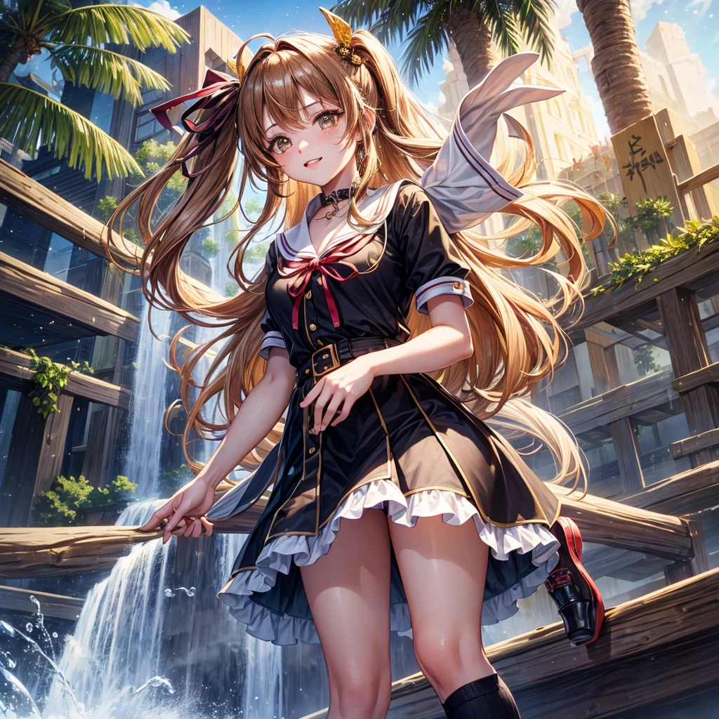 Red, brown, gold, gold hair、Golden Eyes、Hair tied up、One good looking girl、solo、anime、Checkered mini skirt、Ruffles on the skirt、Checked dress、blouse、school uniform、Black knee-high socks、Wearing a baseball cap、Ribbon、Ribbon on waist、Teeth are visible、Silver coin necklace、From above、Cobblestones、waterfall、Starry Sky、Midnight Moon、suspension bridge、Soap bubbles are flying、beam、Standing still、Eight Towers、Palm Tree、Transparent、Dragon flying、Sandy Beach、time and space、goddess