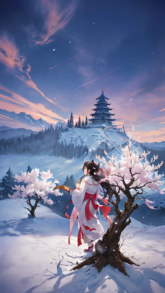 Beautiful shrine maiden, (Highest quality, masterpiece),(One girl, Black Hair, graceful, expression of wonder, Iris captivated by the beauty, looking ahead), (Night maze sky, Huge old tree silhouette against the backdrop, Shiny pink petals gently drifting in the wind behind, The ancient shrine illuminated by the moonlight, Mountain background looming in the distance), (Meteor cloud illuminating the sky, blowing wind creating an ethereal atmosphere, soft focus to emphasize the mystery and allure, detailed textures and lighting, professional, vivid colors, bokeh).