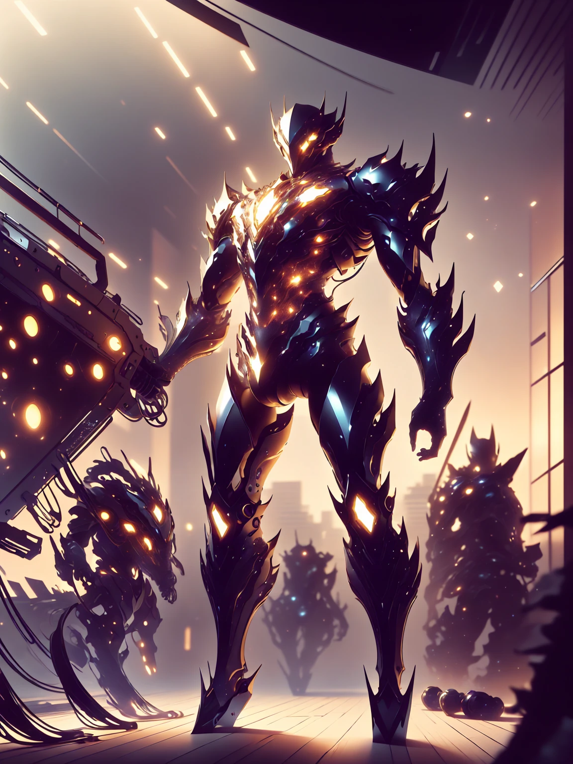 super wide shot, Full body frontal photo,Mecha male warrior， Jade Emperor style,《The mech colors are dark black and dark red》，（《Holding the Xuanyuan sword》，The sword is full of futuristic technology，），（Full body mecha）, Keqing from Genshin Impact, (Masterpiece) ， The best quality， High quality，Gold armor，light， （Exquisite future）， Beautiful and beautiful， Ultra detailed， great composition， Floating， Depth of field， （Very detailed CG，Unity 8k Wallpaper）， （Beautiful detail background）， dramatic lights， GOGETTA， Mecha，best qualtiy，Ultra-high resolution，