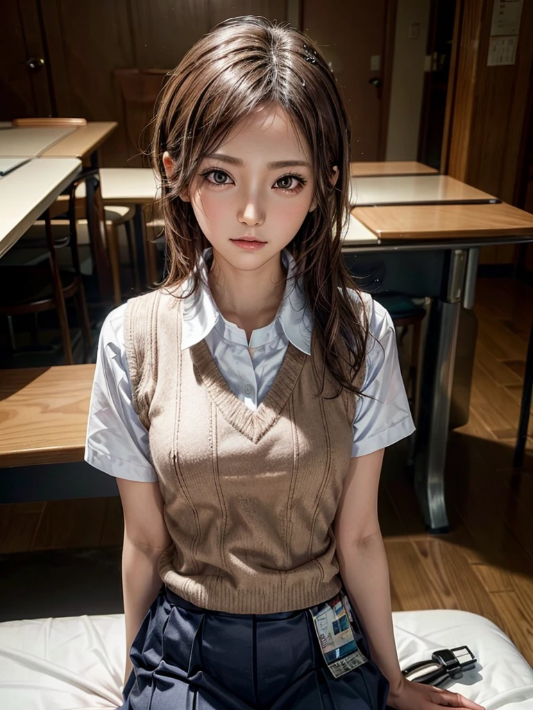 Masterpiece, Top Quality, Top Mikoto, brown eyes, short hair, small breasts, looking at viewer, alone, closed mouth, collared shirt, beige knit vest, dark blue  Skirt, school_uniform, shirt, white_shirt, classroom,Masterpiece, highest quality, 8K, detailed skin texture, fine cloth texture, beautiful detailed face, intricate details, super detailed,cute,cute posing,composition that shows the whole body,