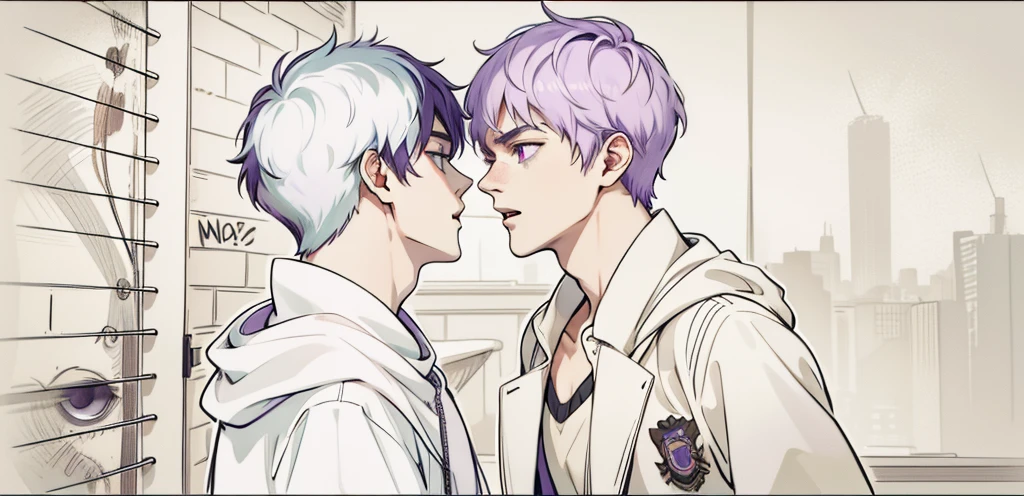 two young men, one of them threatens the other, he is intimidating him, he has blue hair