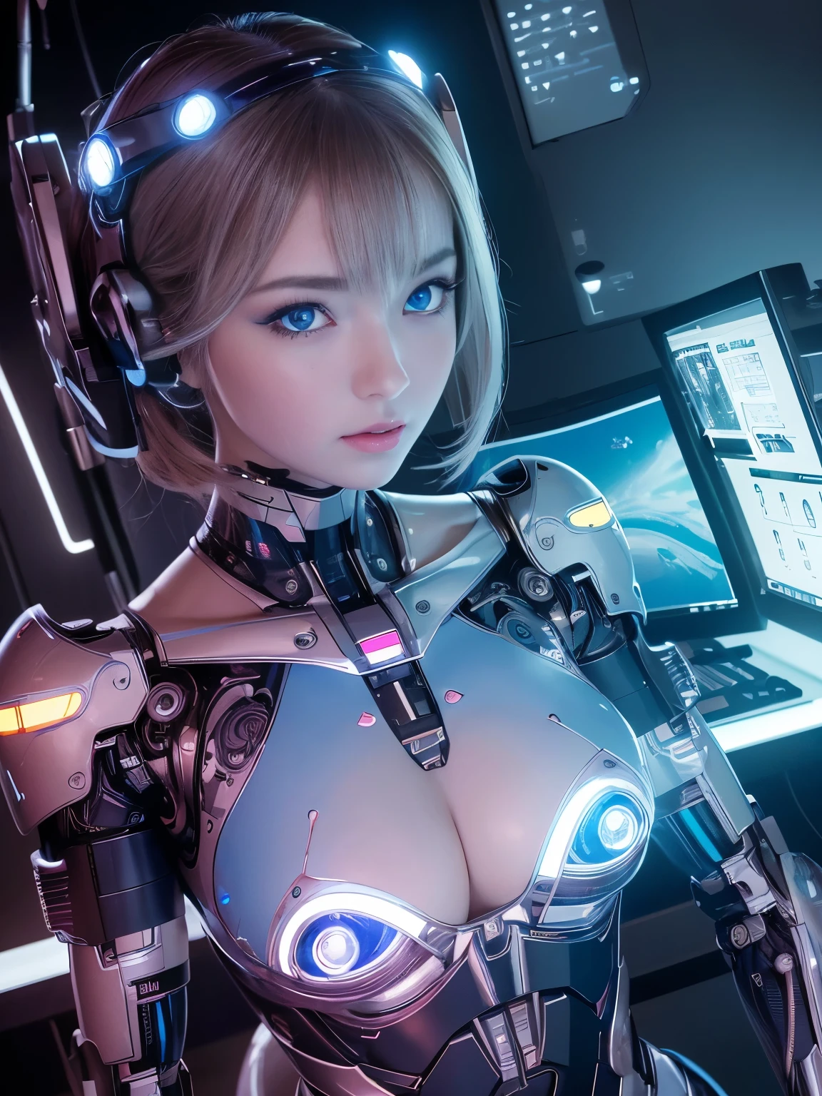 (Highest quality, High resolution, masterpiece:1.2), Very detailed, Realistic:1.37, (Perfect Anatomy),1 Girl,Woman close up, Cute and perfectly beautiful Japanese idols, 26 year old girl,Super cute face,(Transform into a cute cyborg),, (blue led eyes:1.3), (Futuristic glossy skin-tight milky white acrylic cyborg suit),,Slender body,Bangles,, Intricate decorative details,(Attractive makeup:1.2),(background: Cyborg operating room with advanced digital equipment and monitor screens)..