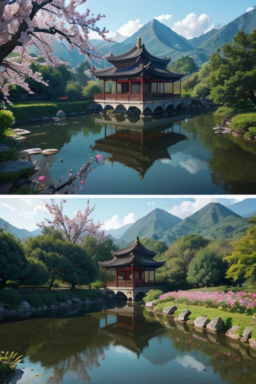 A beautiful detailed peach blossom garden in ancient China, lush peach trees in full bloom, intricate stone bridges, serene ponds with lotus flowers, exquisite traditional Chinese architecture, ancient scholars strolling through the garden, (best quality,4k,8k,highres,masterpiece:1.2),ultra-detailed,(realistic,photorealistic,photo-realistic:1.37),HDR,UHD,studio lighting,ultra-fine painting,sharp focus,physically-based rendering,extreme detail description,professional,vivid colors,bokeh,landscape,intricate details,cinematic lighting,warm color palette