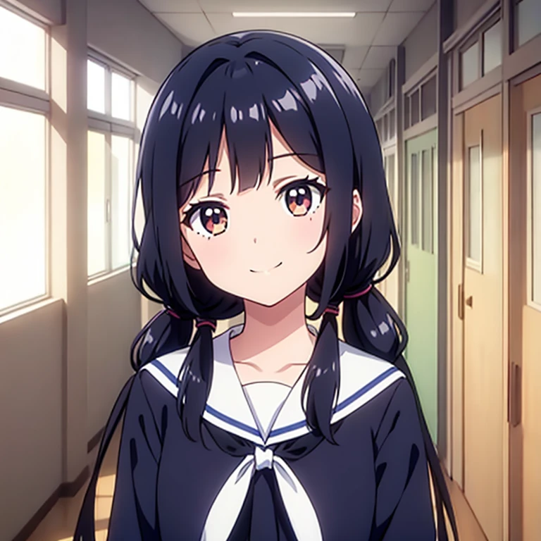 1girl, standing, gentle smile, 15yo, head tilt,
(low twintails), low pigtails, black hair, very long hair,
school hallway,
(low twintails girl), low pigtails, black hair, very long hair,
long sleeves, navy-blue serafuku with blue ribbon,
(brown eye),
afternoon,
from front,
anime, high brightness, detailed face, detailed eyes,
high quality, ultra detailed, masterpiece, FHD