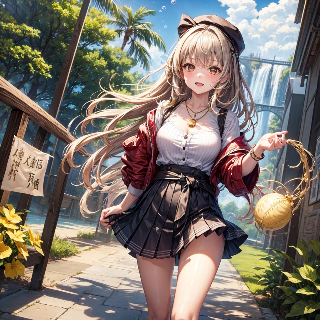 Red, brown, gold, gold hair、Golden Eyes、Hair tied up、One good looking girl、solo、anime、Checkered mini skirt、Ruffles on the skirt、Checked dress、blouse、school uniform、Black knee-high socks、Wearing a baseball cap、Ribbon、Ribbon on waist、Teeth are visible、Silver coin necklace、From above、Cobblestones、waterfall、Starry Sky、Midnight Moon、suspension bridge、Soap bubbles are flying、beam、Standing still、Eight Towers、Palm Tree、Transparent、Dragon flying、Sandy Beach、time and space、goddess