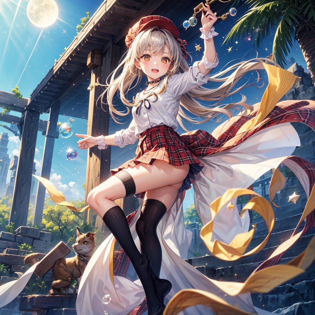 Red, brown, gold, gold hair、Golden Eyes、Hair tied up、One good looking girl、solo、anime、Checkered mini skirt、Ruffles on the skirt、Checked dress、blouse、school uniform、Black knee-high socks、Wearing a baseball cap、Ribbon、Ribbon on waist、Teeth are visible、Silver coin necklace、From above、Cobblestones、waterfall、Starry Sky、Midnight Moon、suspension bridge、Soap bubbles are flying、beam、Standing still、Eight Towers、Palm Tree、Transparent、Dragon flying、Sandy Beach、time and space、goddess