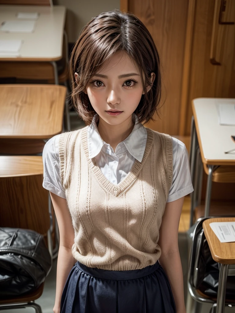 Masterpiece, Top Quality, Top Mikoto, brown eyes, short hair, small breasts, looking at viewer, alone, closed mouth, collared shirt, beige knit vest, dark blue  Skirt, school_uniform, shirt, white_shirt, classroom,Masterpiece, highest quality, 8K, detailed skin texture, fine cloth texture, beautiful detailed face, intricate details, super detailed,cute,cute posing,composition that shows the whole body,