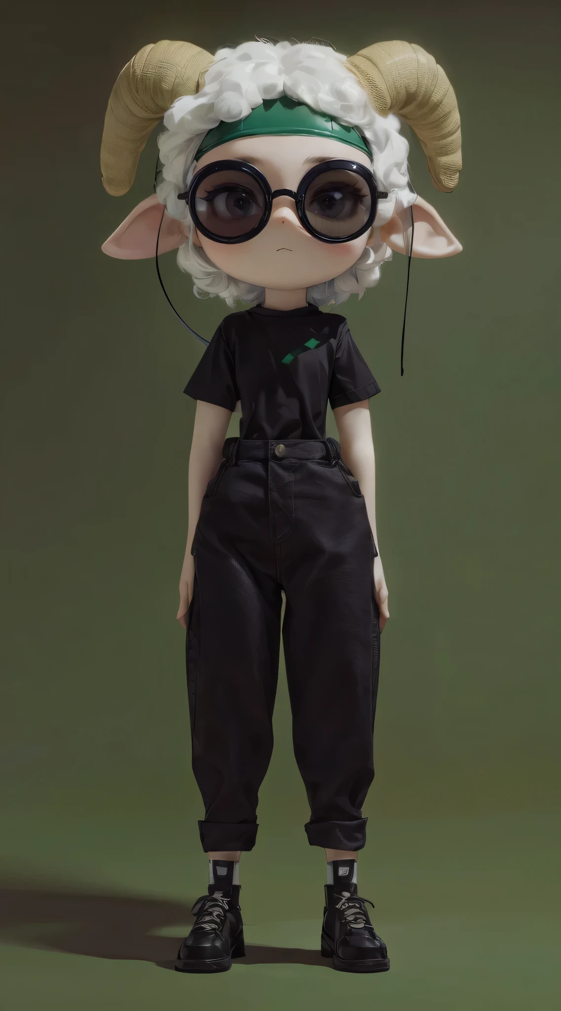 (best quality, 4k, 8k, highres, masterpiece:1.2), ultra-detailed, (realistic, photorealistic, photo-realistic:1.37), blind box style, a female sheep, chibi, Black sunglasses, green headband and T-shirt, slacks, standing, cool, simple design, few details, clean background, C4D, natural lighting, best quality, 8K, 3D, HD, OC renderer