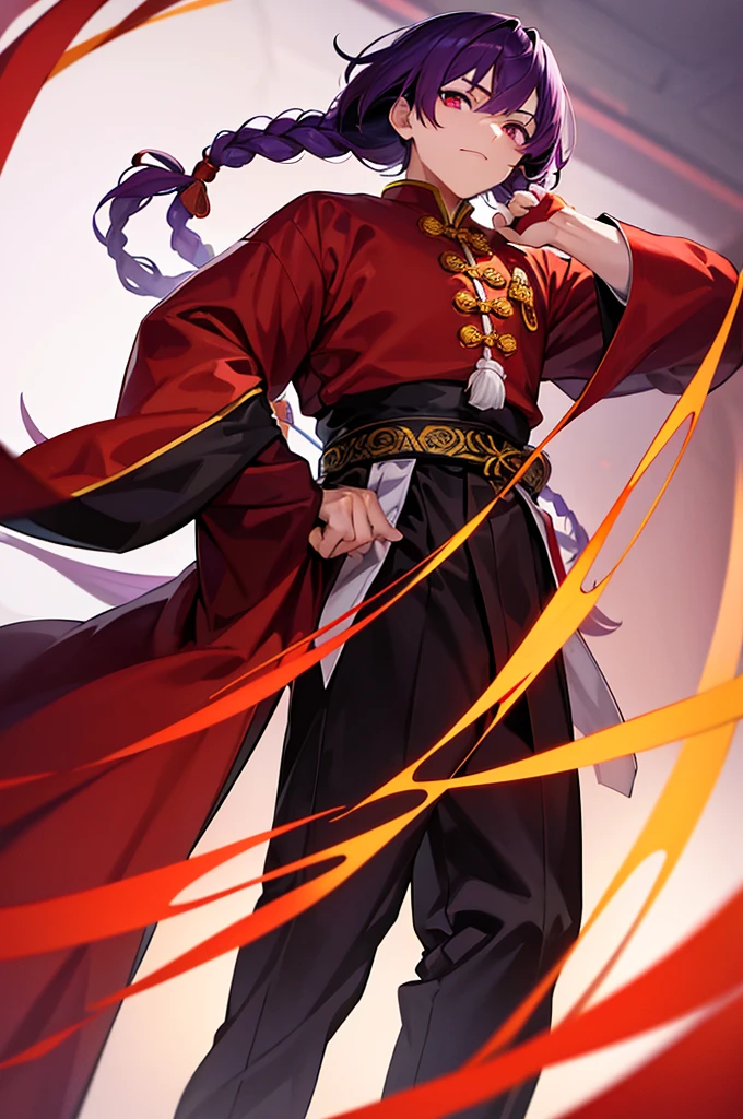 Purple Hair、Red eyes、White background、Anime characters、Knot、Braid、A man wearing Chinese clothing、Black and yellow outfit、A young man with a determined look、Man standing facing forward、Adult male
