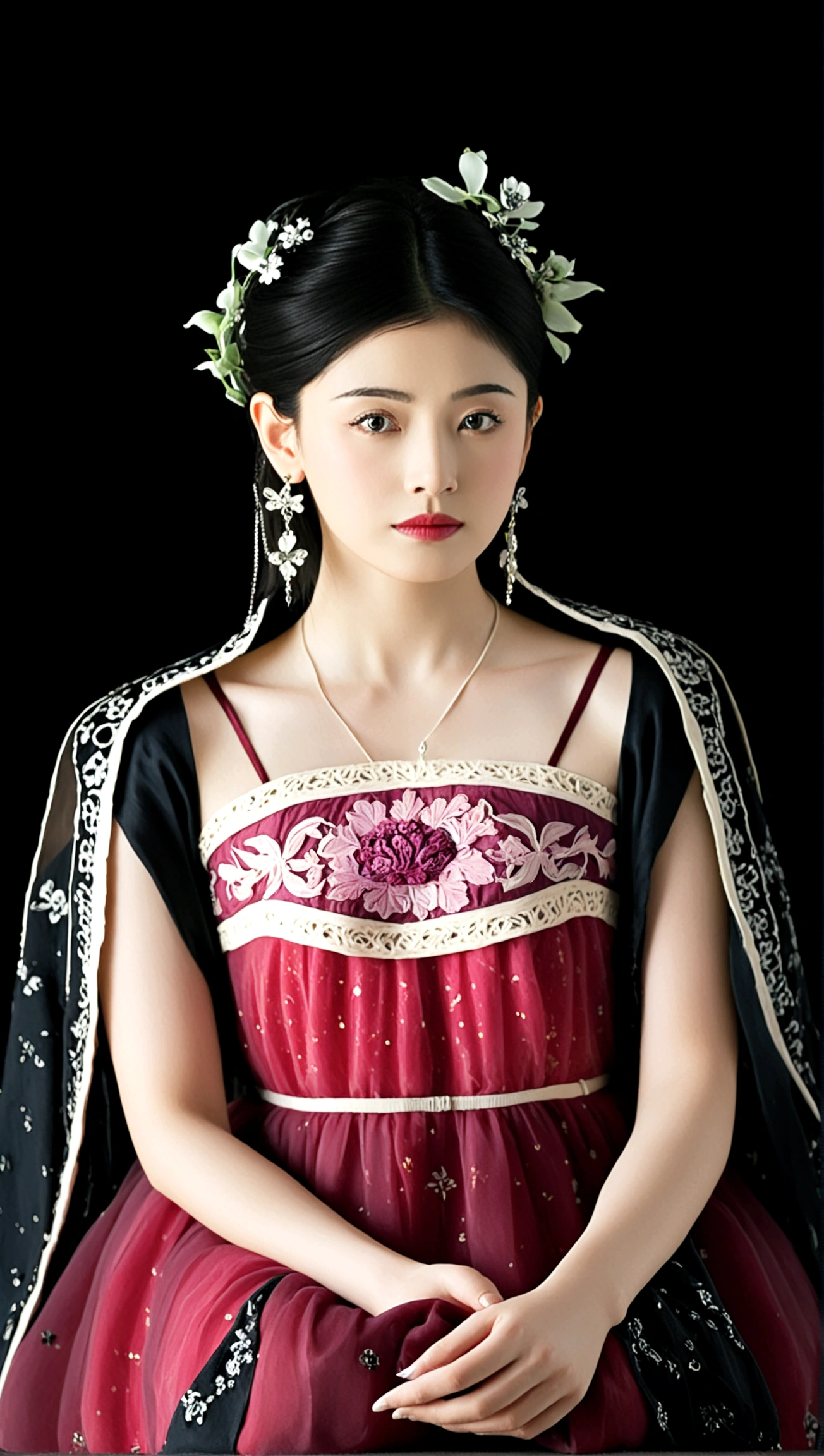 1girl, solo, black hair, hair ornament, dress, jewelry, flower, earrings, black eyes, own hands together, black background, realistic