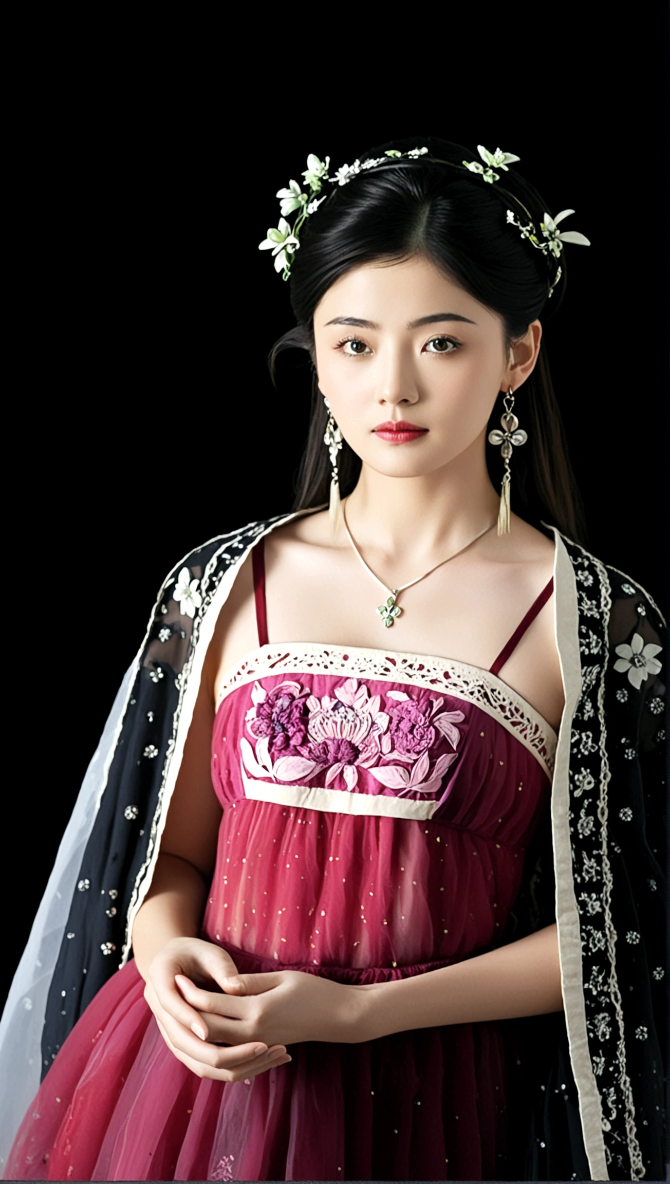 1girl, solo, black hair, hair ornament, dress, jewelry, flower, earrings, black eyes, own hands together, black background, realistic