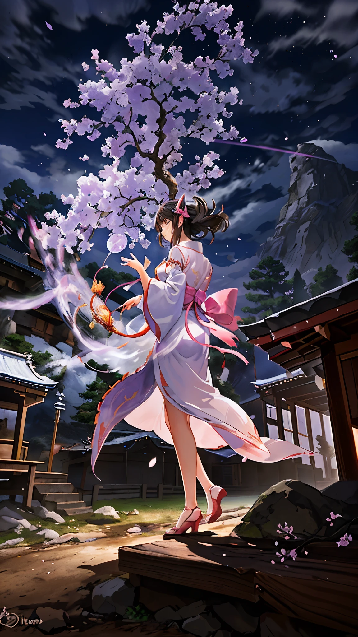 Beautiful shrine maiden, (Highest quality, masterpiece),(One girl, Black Hair, graceful, expression of wonder, Iris captivated by the beauty, looking ahead), (Night maze sky, Huge old tree silhouette against the backdrop, Shiny pink petals gently drifting in the wind behind, The ancient shrine illuminated by the moonlight, Mountain background looming in the distance), (Meteor cloud illuminating the sky, blowing wind creating an ethereal atmosphere, soft focus to emphasize the mystery and allure, detailed textures and lighting, professional, vivid colors, bokeh).