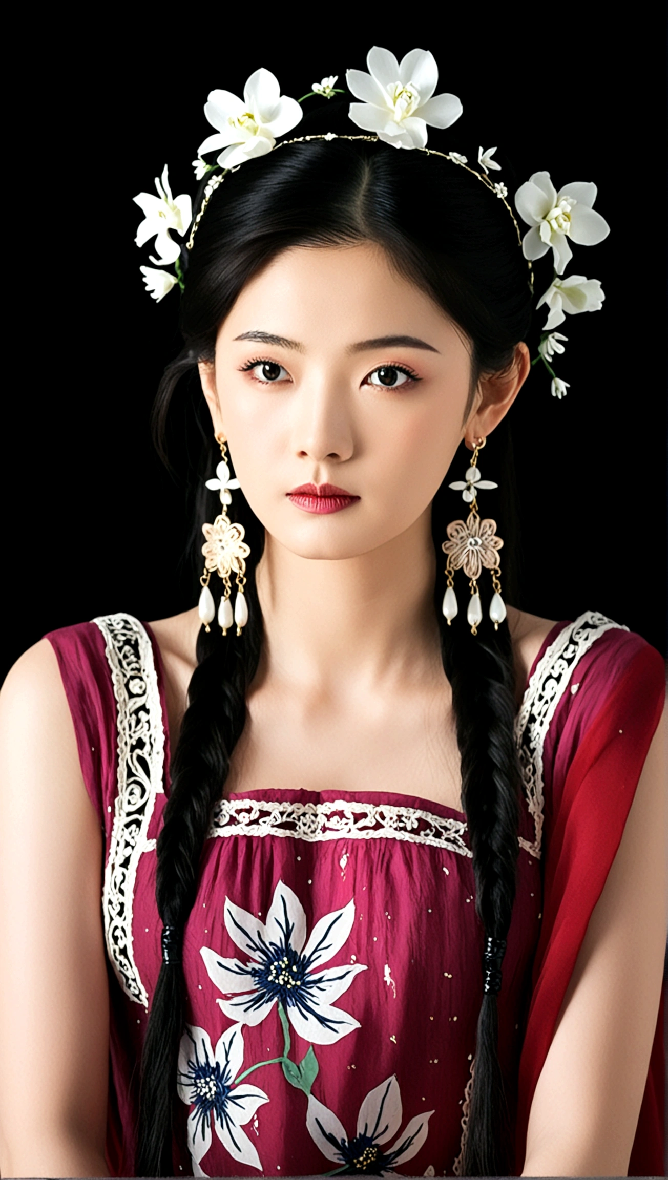 1girl, solo, black hair, hair ornament, dress, jewelry, flower, earrings, black eyes, own hands together, black background, realistic