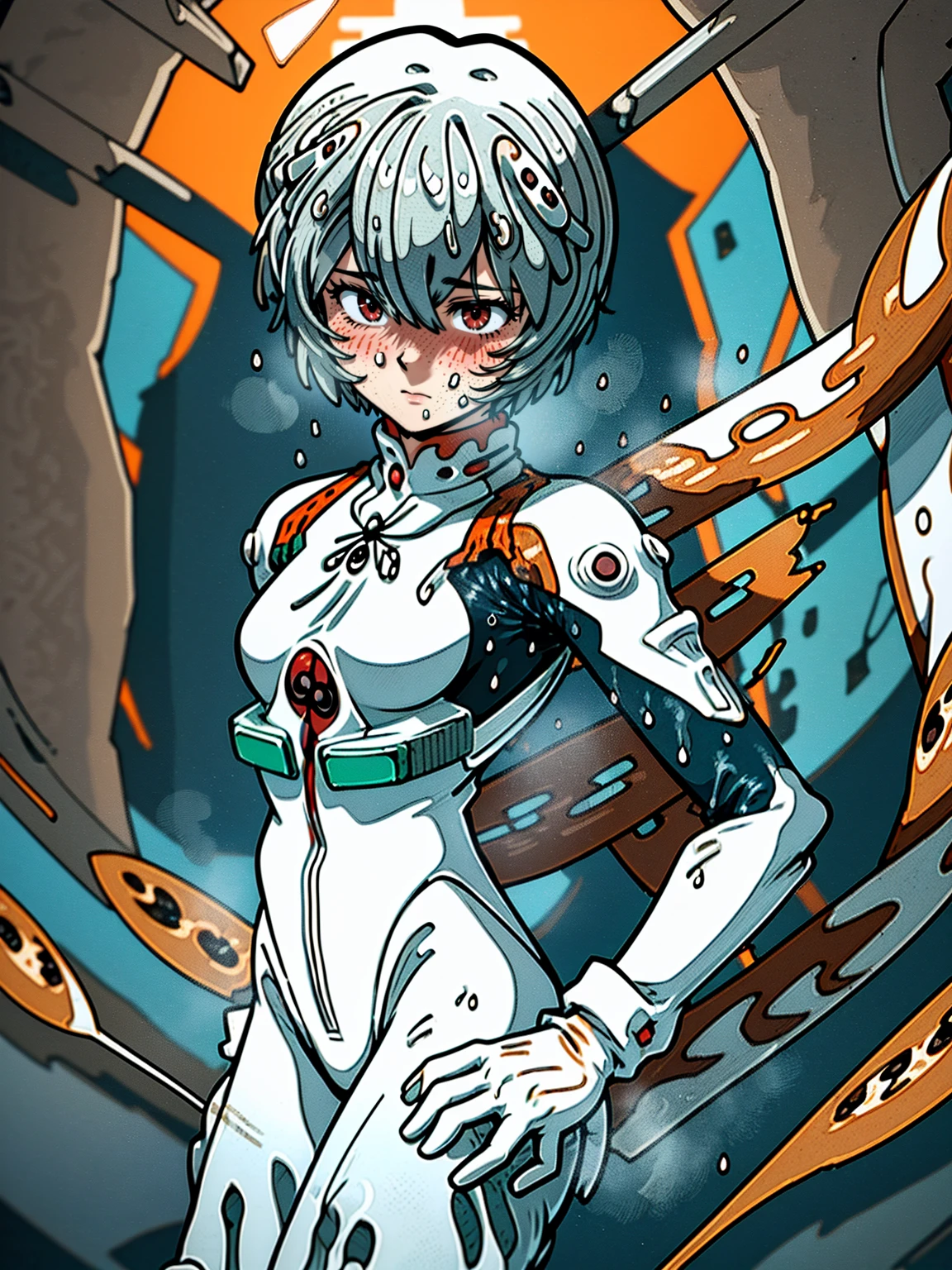 ((Highest quality, 8k wallpaper)),(masterpiece, Highest quality),Very detailed,High resolution,(Official Art:1.3),(((Anime screenshots,Black outline))),One girl,alone, Break mer1,(Rei Ayanami {Neon Genesis Evangelion,}1.2),masterpiece, best quality, outdoor, 1girl, Solo,red eyes,short hair,blue hair, (White plug suit:1.4), skin tight,(backlight, shaded face, cross-eyed, rolling eyes, empty eyes, jitome, raised eyebrows, one eye closed:1.3),(((Covered in sweat, Mass sweat, Sweating profusely,steam:1.7))), (((fighting stance, knees together feet apart, leaning forward, holding own arms, bent legs:1.3))), (Dirty Costume with mud:1.5),Bottomless Swamp,Drowning in a mud swamp,(((partially submerged:1.4))),(((独奏, cowboy shot:1.7))),