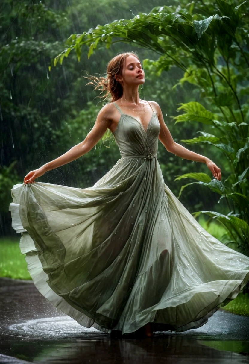 1girl, Dancing in the Rain, A woman dancing in the rain, elegant and graceful, raindrops sparkling on her skin, long flowing dress billowing in the wind, serene expression, peaceful atmosphere, natural lighting, lush green foliage in the background, moody and atmospheric, ethereal and dreamlike, cinematic composition, high-quality detailed rendering, 8k, hyper-detailed, masterpiece, best quality, very aesthetic, absurdres