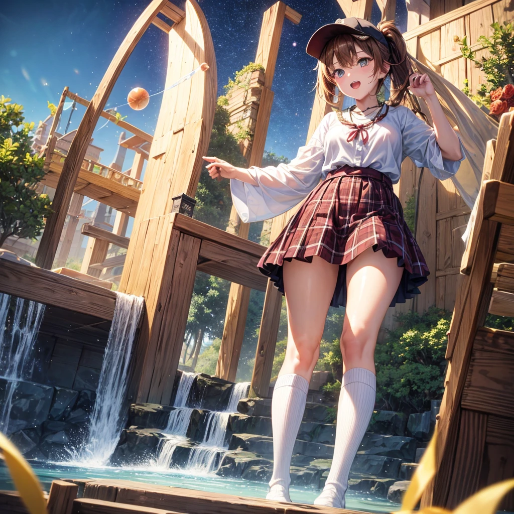 Red, brown, gold, gold hair、Golden Eyes、Hair tied up、One good looking girl、solo、anime、Checkered mini skirt、Ruffles on the skirt、Checked dress、blouse、school uniform、Black knee-high socks、Wearing a baseball cap、Ribbon、Ribbon on waist、Teeth are visible、Silver coin necklace、From above、Cobblestones、waterfall、Starry Sky、Midnight Moon、suspension bridge、Soap bubbles are flying、beam、Standing still、Eight Towers、Palm Tree、Transparent、Dragon flying、Sandy Beach、time and space、goddess