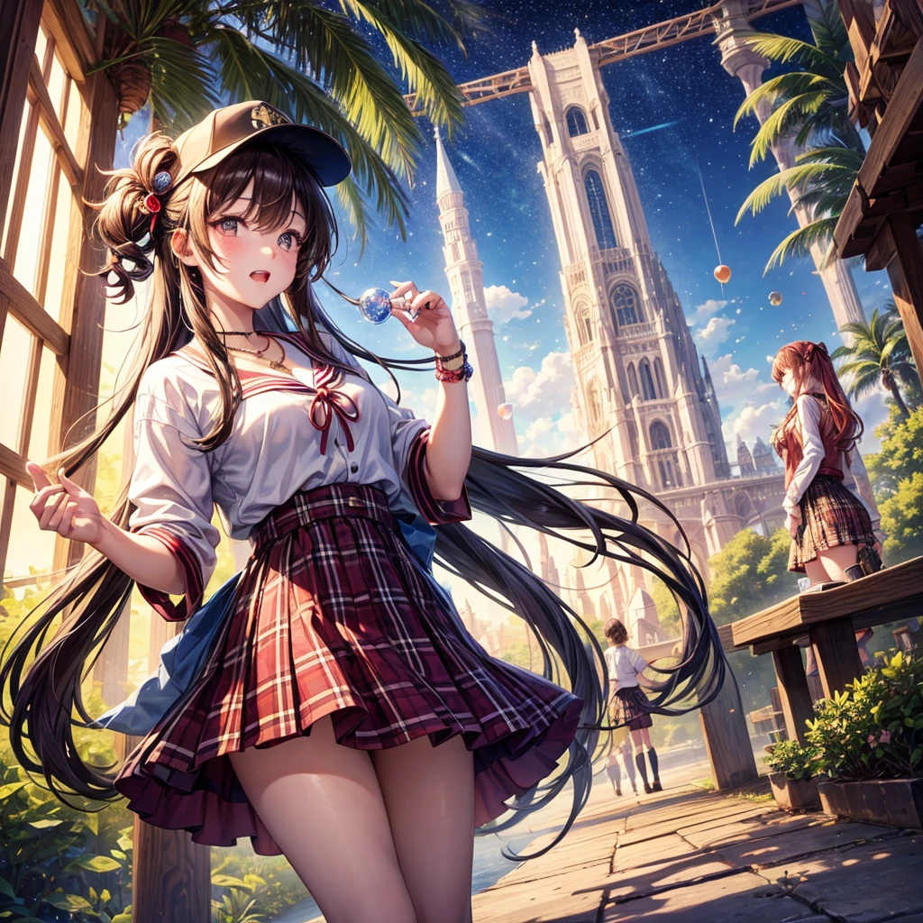 (masterpiece, highest quality, High resolution, 超High resolution, Perfect Pixel, Written boundary depth, 8k, About RTTX10.0), (One Woman:1.3), Cinema Lighting, Best Shadow, The best natural light, Cinematic, ((Smooth texture:0.75, Realistic texture:0.5, Anime CG Style)), Beautiful Anime Women, Beautiful art style, Anime characters, (One Womanは両足を閉じてかわいくジャンプしている), ((Detailed face:1.2)), (Brown Hair, Side Ponytail), Beautiful breasts, Slender body,Beautiful thighs, (Brown cardigan, White shirt, Checked skirt, Navy blue socks, Red ribbon at collar:1.2), (Her skirt flipped up from the force of her jump:1.3), (A perfect skirt of uniform length:1.4), (Pink side-tie satin panties with white lace decoration on pink fabric:1.3), (smile), (The square in front of Cinderella Castle, Disneyland, Many people々:1.3), Manga Design