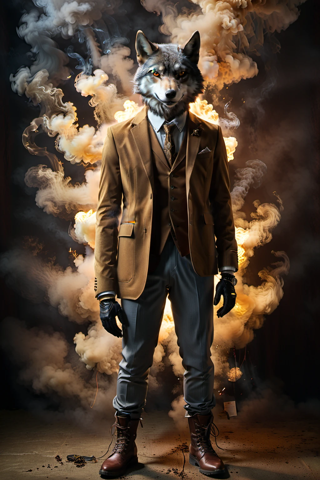 So you can edit it later、An anthropomorphic wolf wearing a brown suit with a space above him is emitting mysterious smoke from a brown background.、A mysterious brown light penetrates it, and the light also shines on the character. Create an image with this composition according to the following rules.。
 High resolution textures、Texture、Realなディテール、
The background is dark、Mysterious and、There is a good atmosphere、Dramatic lighting and high contrast images、Extremely high resolution to create photo-realistic card game patterns。
The design will be surrounded by a border、80 from the center of the space so that the character is not hidden%Please。
Use indirect lighting and textured backgroundake the central character stand out。
Full body portrait、Dynamic pose。
 にかくテクスチャがRealで細かいファッションの服。
Fashionable sneakers、boots、Sandals、hat、Smoke Accessories Necklace、Earrings、ring、bandana car、bike、Tattoos etc.、Choose according to your outfit and mood。
Real、8K




(masterpiece、Highest quality、high detail、超Real:1.2)、 
Anthropomorphic animals、Full body portrait

(Photorealistic:1.4), Cinematic lighting, 8K  UHD、 
Professional Photography、

(詳細な毛皮のTexture:1.3), Expressive eyes、 
Designer clothing、Luxury Brands、 
(Perfect tailoring:1.2), High Fashion Accessor
Moody atmosphere、Dramatic Shadows、 
High contrast lighting、Depth of written boundary、
Film Grain、Color Grading、

(Color Palette：1.3）、（Calm earth colors：1.2）、 
(Rich Brown：1.1）、（Deep Gray：1.1）、（subtle gold accents：1.0）、
(warm color：1.1）、（Color harmony：1.2）、

(Soft diffused lighting：1.2）、（Rim lighting：1.1）、
(Volumetric Lighting:1.0), (Ambient Occlusion:1.1)