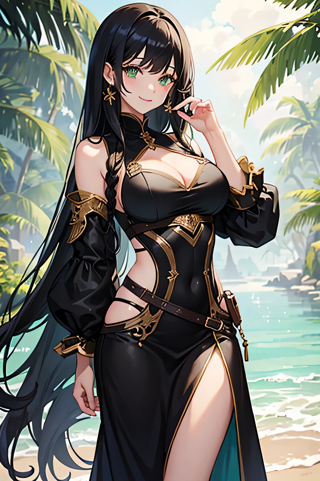 masterpiece, best quality, detailed clothes,1girl, green eyes, black hair, solo, long hair, bangs, large breasts, normal clothing, smiling, smile