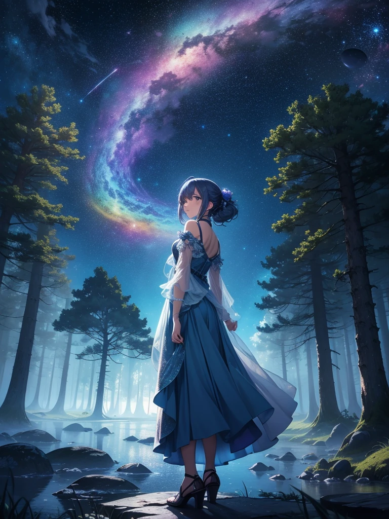 High quality, 8K Ultra HD, In "Celestial Dreamscape," the canvas bursts with ethereal colors that seem to defy the laws of nature, The sky is a mesmerizing blend of deep indigo and shimmering hues of violet, as though it holds secrets from distant galaxies, A cascade of celestial bodies, including otherworldly planets and iridescent moons, orbits in a cosmic dance, casting a soft glow upon the dreamlike landscape, The foreground reveals an enchanted forest, where trees are adorned with phosphorescent leaves that emit a gentle, soothing light. The trunks of these mystical trees twist and intertwine, creating archways that beckon viewers to explore the hidden realms beyond, Small, luminescent creatures flit between the branches, leaving trails of stardust in their wake, by yukisakura, high detailed,